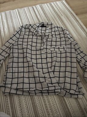 Forever 21 White Blouse with Black Windowpane Grid